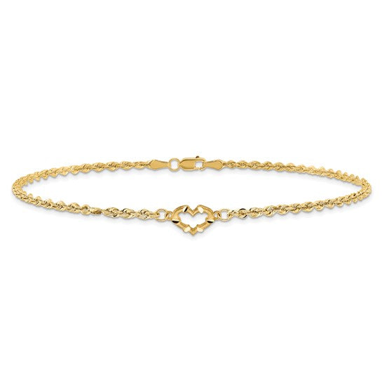 14K Gold Diamond Cut Rope Open Heart Anklet - Available in 9" and 10"