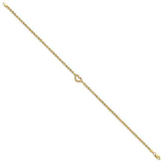 14K Gold Diamond Cut Rope Open Heart Anklet - Available in 9" and 10"