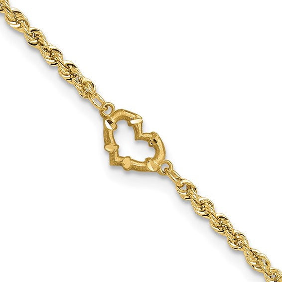 14K Gold Diamond Cut Rope Open Heart Anklet - Available in 9" and 10"