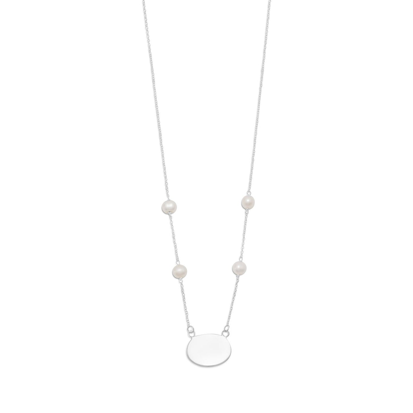 16" ID Tag Necklace with White Cultured Freshwater Pearl