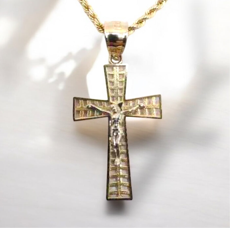 10k Crucifix Necklace - 20” Rope Chain