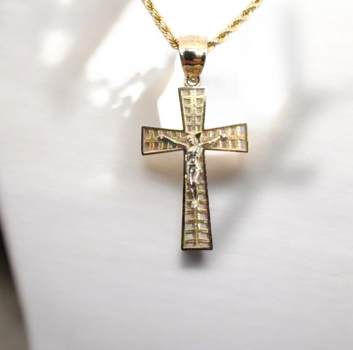 10k Crucifix Necklace - 20” Rope Chain