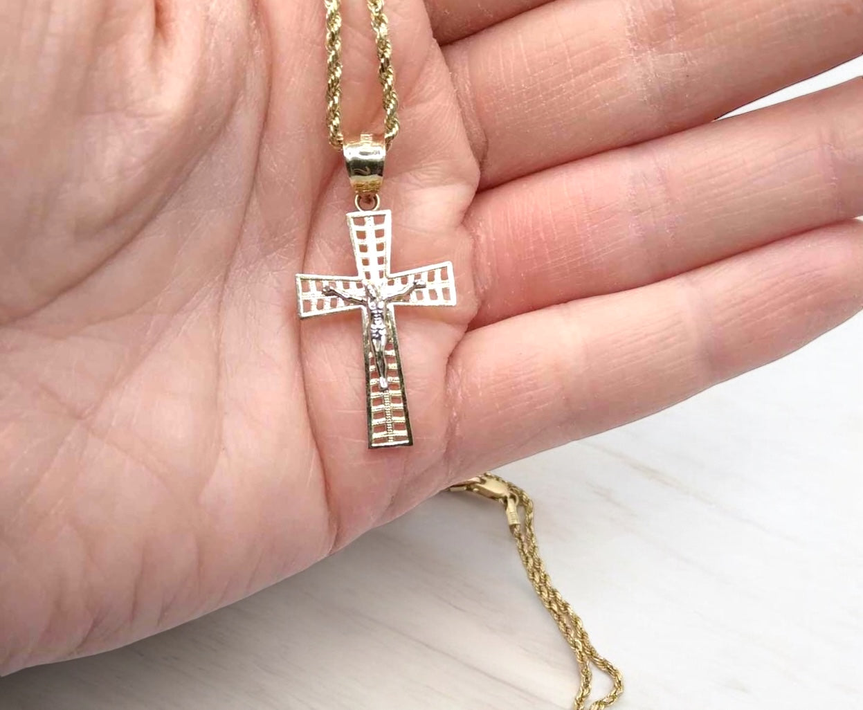 10k Crucifix Necklace - 20” Rope Chain