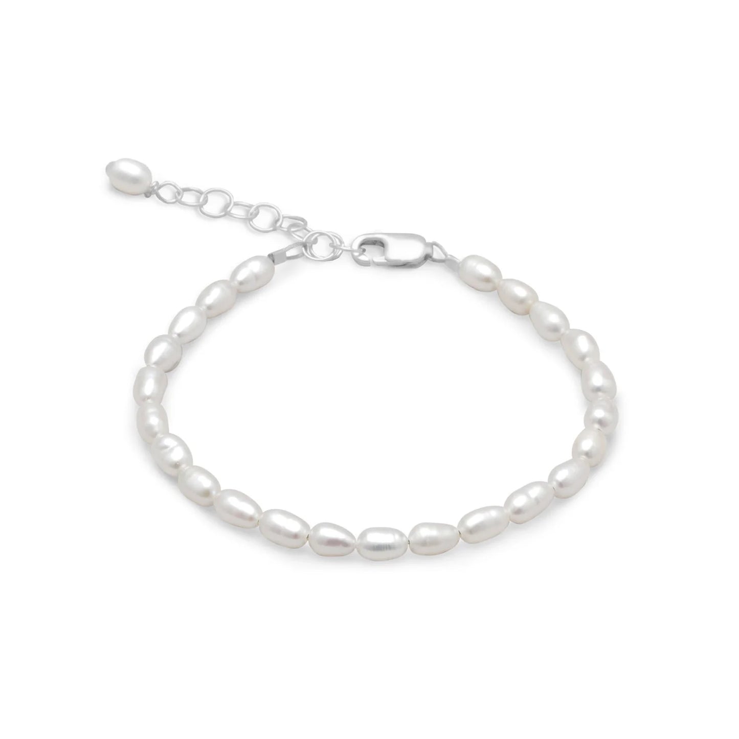 Rice Pearl & Sterling Silver Bracelet - 5” with 1” Extension