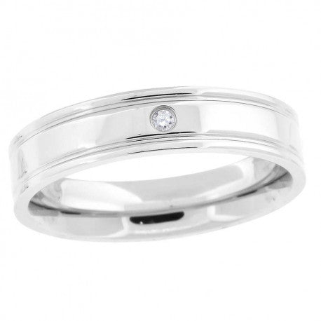 Stainless Steel Men's Cubic Zirconia Double Grooved Polished Comfort-Fit Band Ring