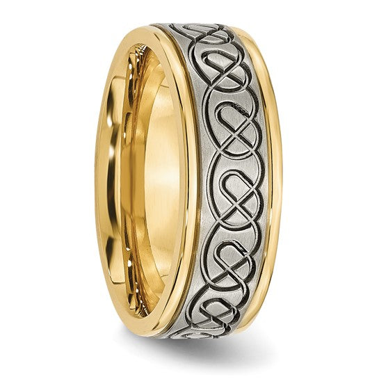 Two-Tone Stainless Steel Scroll Design Ring | 8mm with Grooved Edges