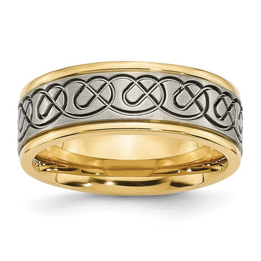 Two-Tone Stainless Steel Scroll Design Ring | 8mm with Grooved Edges
