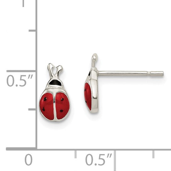 Sterling Silver Polished Red and Black Enameled Ladybug Post Earrings for Children