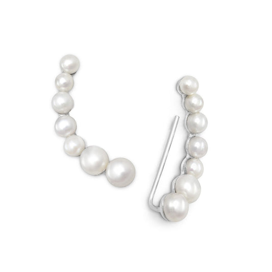 Rhodium Plated Graduated Cultured Freshwater Pearl Ear Climbers