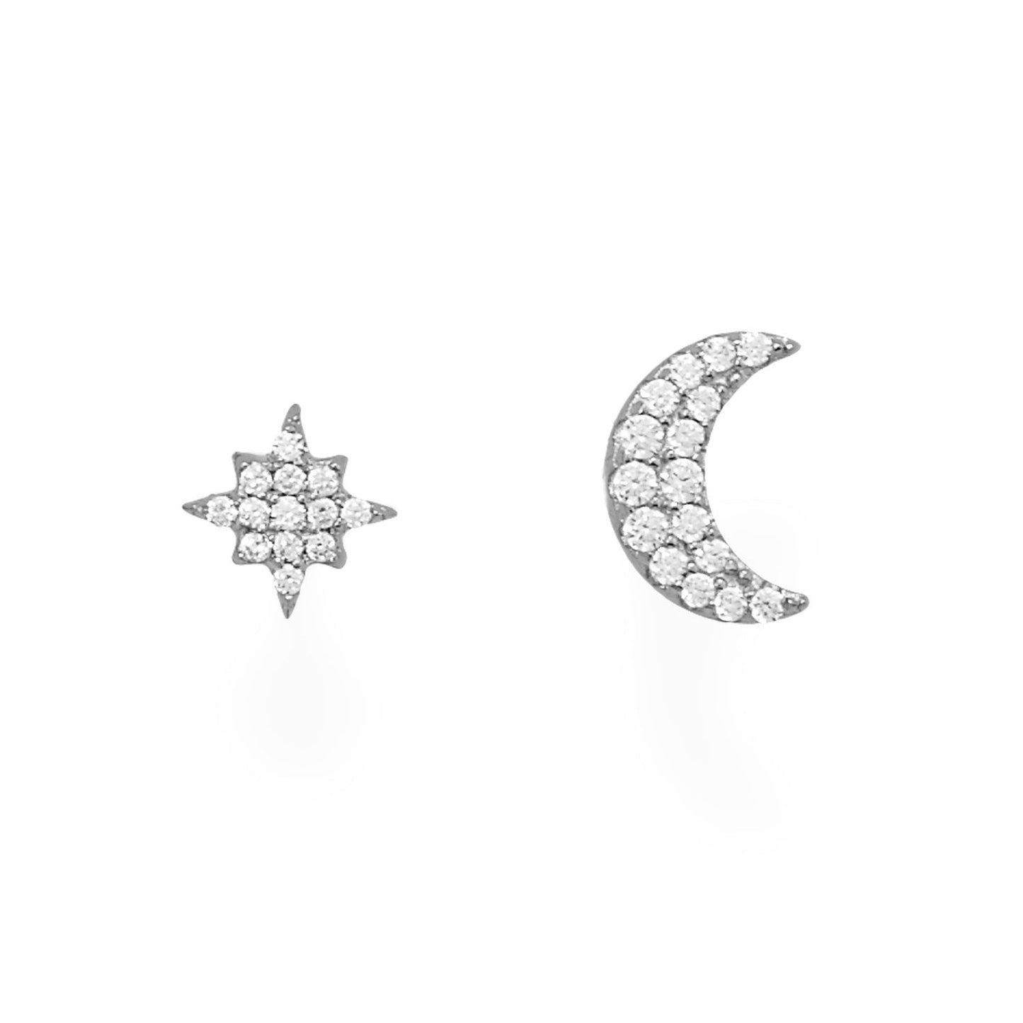 Rhodium Plated CZ Moon and Star Stud Earrings