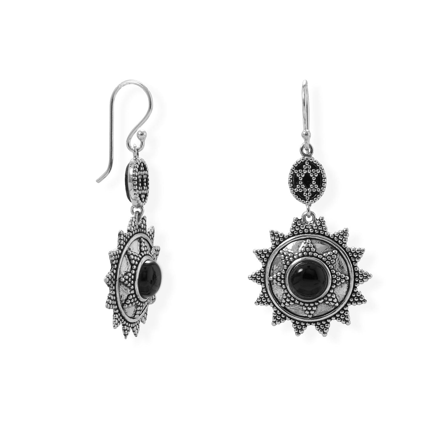 Oxidized Beaded Sun Design Black Onyx Earring