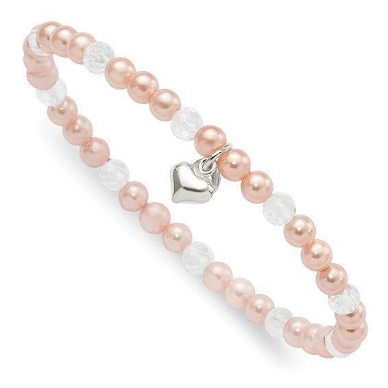 6-Inch Pink and White Pearl Bead and Crystal Stretch Bracelet with Sterling Silver Heart Charm