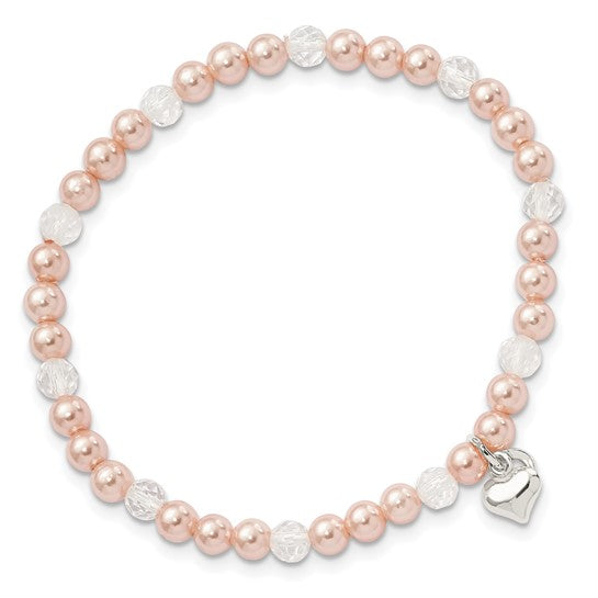 6-Inch Pink and White Pearl Bead and Crystal Stretch Bracelet with Sterling Silver Heart Charm