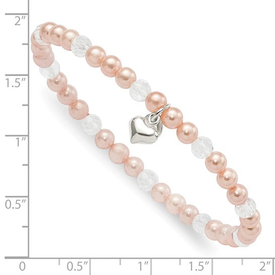 6-Inch Pink and White Pearl Bead and Crystal Stretch Bracelet with Sterling Silver Heart Charm