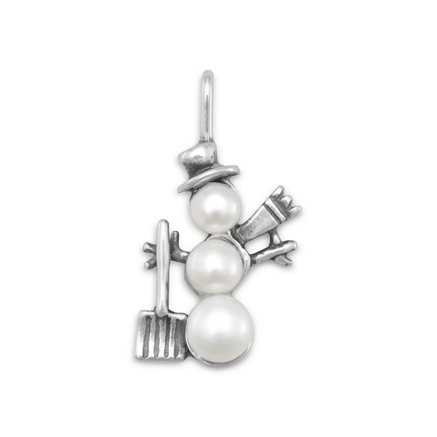 Cultured Freshwater Pearl Shoveling Snowman Charm - Sterling Silver