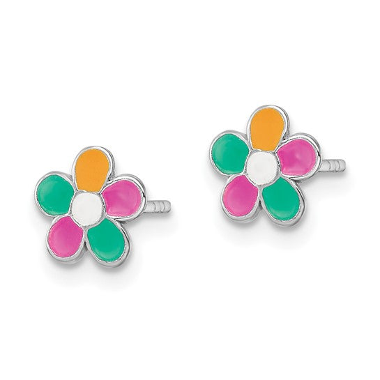 Colorful Enamel Flower Sterling Silver Children's Earrings - Rhodium Plated