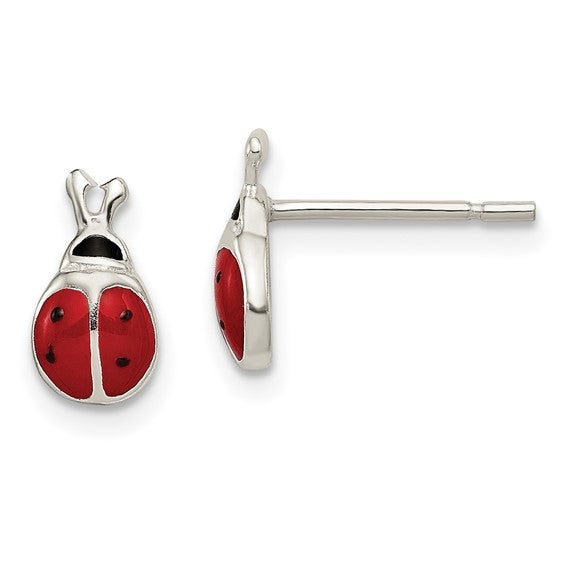 Sterling Silver Polished Red and Black Enameled Ladybug Post Earrings for Children