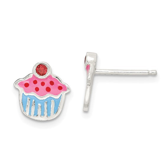 Sterling Silver Polished Enamel Garnet Cupcake Post Earrings for Children