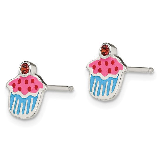 Sterling Silver Polished Enamel Garnet Cupcake Post Earrings for Children