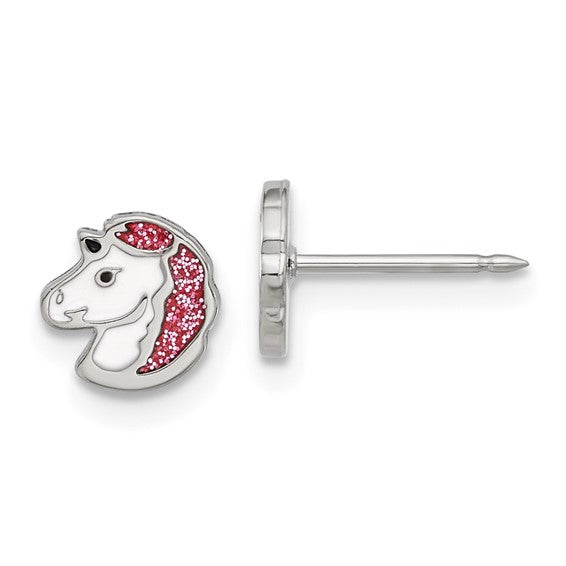 Stainless Steel Glitter Unicorn Stud Earrings – 7mm x 6.9mm, Made in the USA