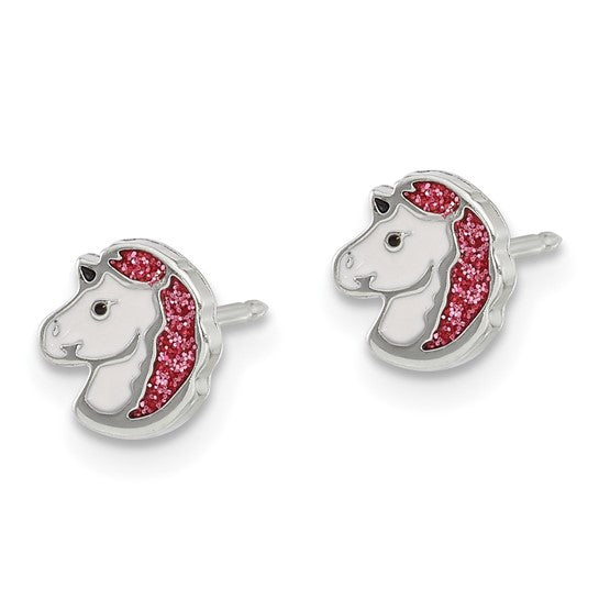 Stainless Steel Glitter Unicorn Stud Earrings – 7mm x 6.9mm, Made in the USA