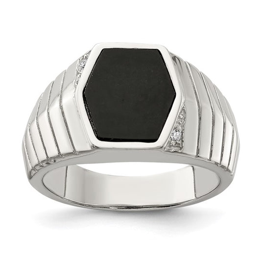 Sterling Silver Rhodium-plated Men's CZ and Onyx Ring