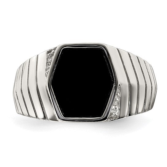 Sterling Silver Rhodium-plated Men's CZ and Onyx Ring