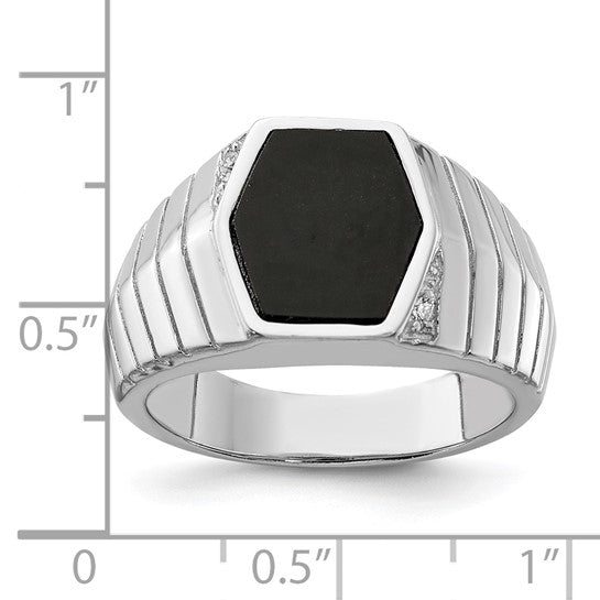 Sterling Silver Rhodium-plated Men's CZ and Onyx Ring