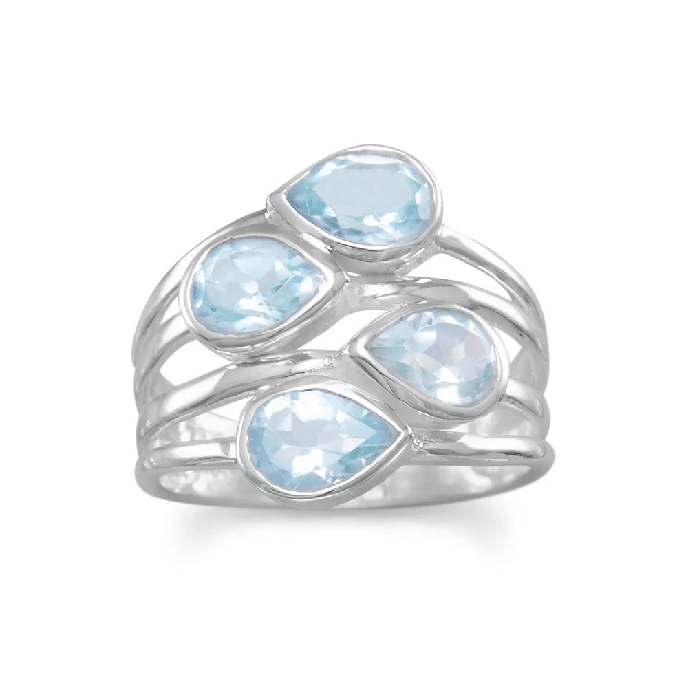 Sterling Silver Ring with Pear-Shaped Blue Topaz Stones