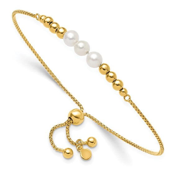 Elegant Gold-Toned Sterling Silver Pearl Adjustable Bolo Bracelet