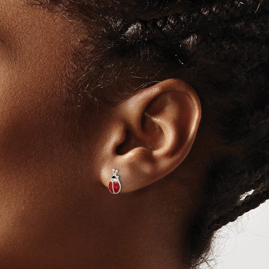 Sterling Silver Polished Red and Black Enameled Ladybug Post Earrings for Children