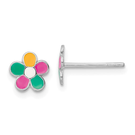 Colorful Enamel Flower Sterling Silver Children's Earrings - Rhodium Plated